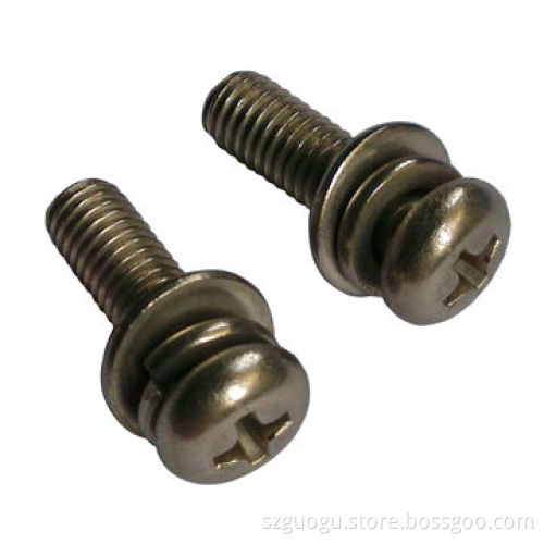Combination screw, controlled by screw and spring washers, made of stainless steel